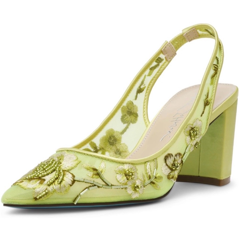 ISO!!! Betsey Johnson Lime Green Floral Embroidered Slingback Block Heels size 8
